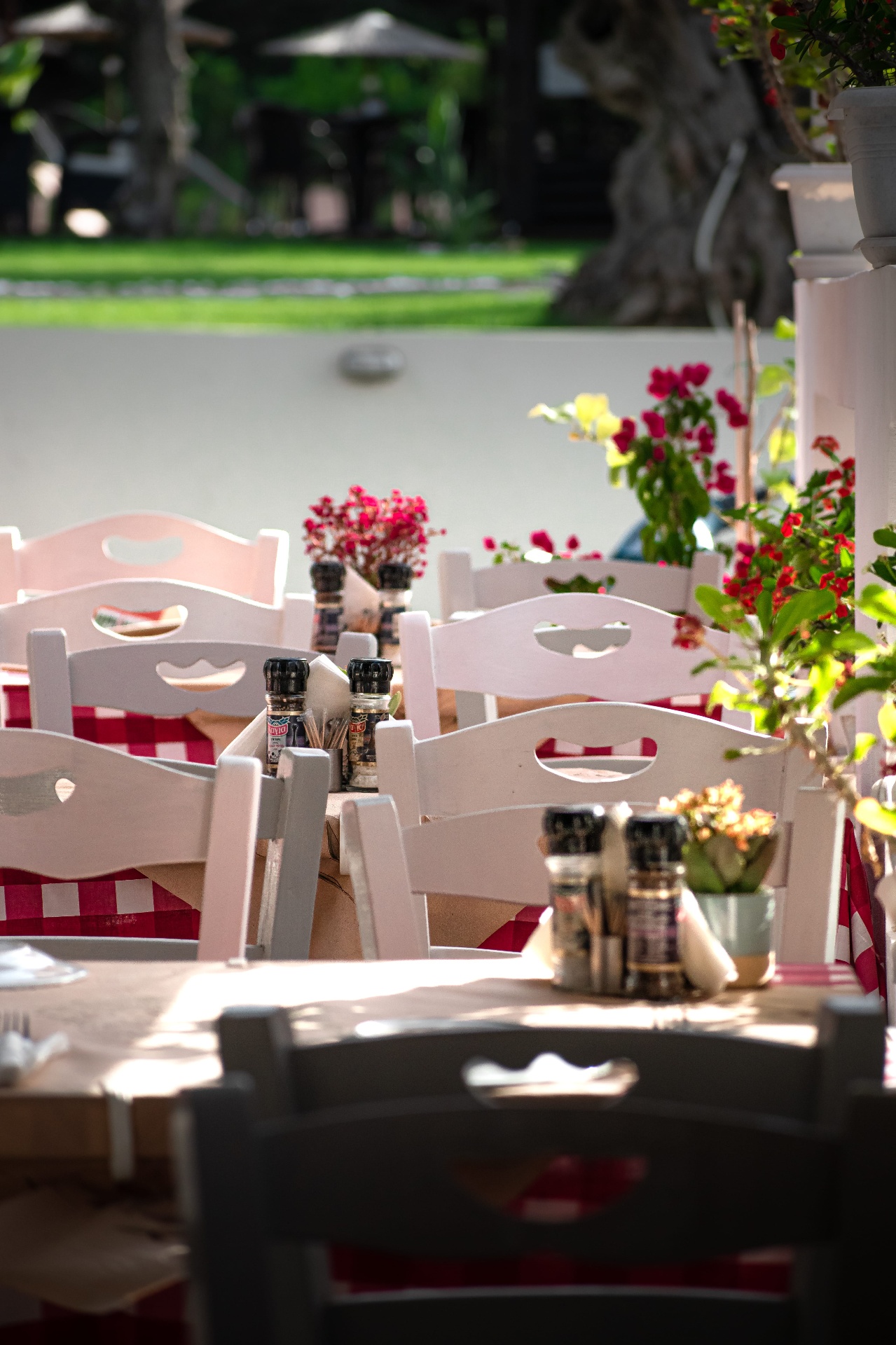 Long line of tables ready for service
