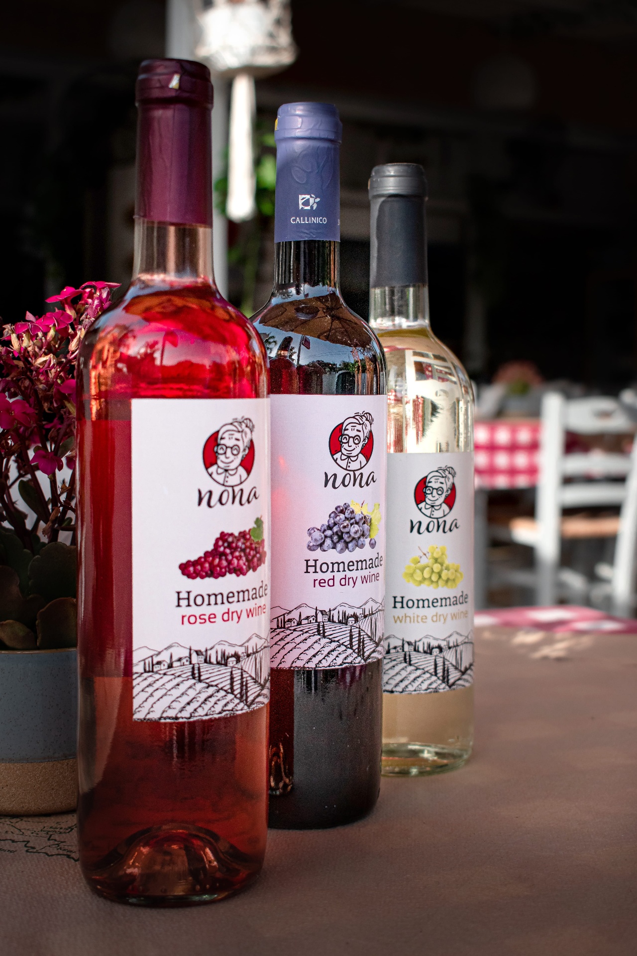 Nona homemade rosé, red and white wines
