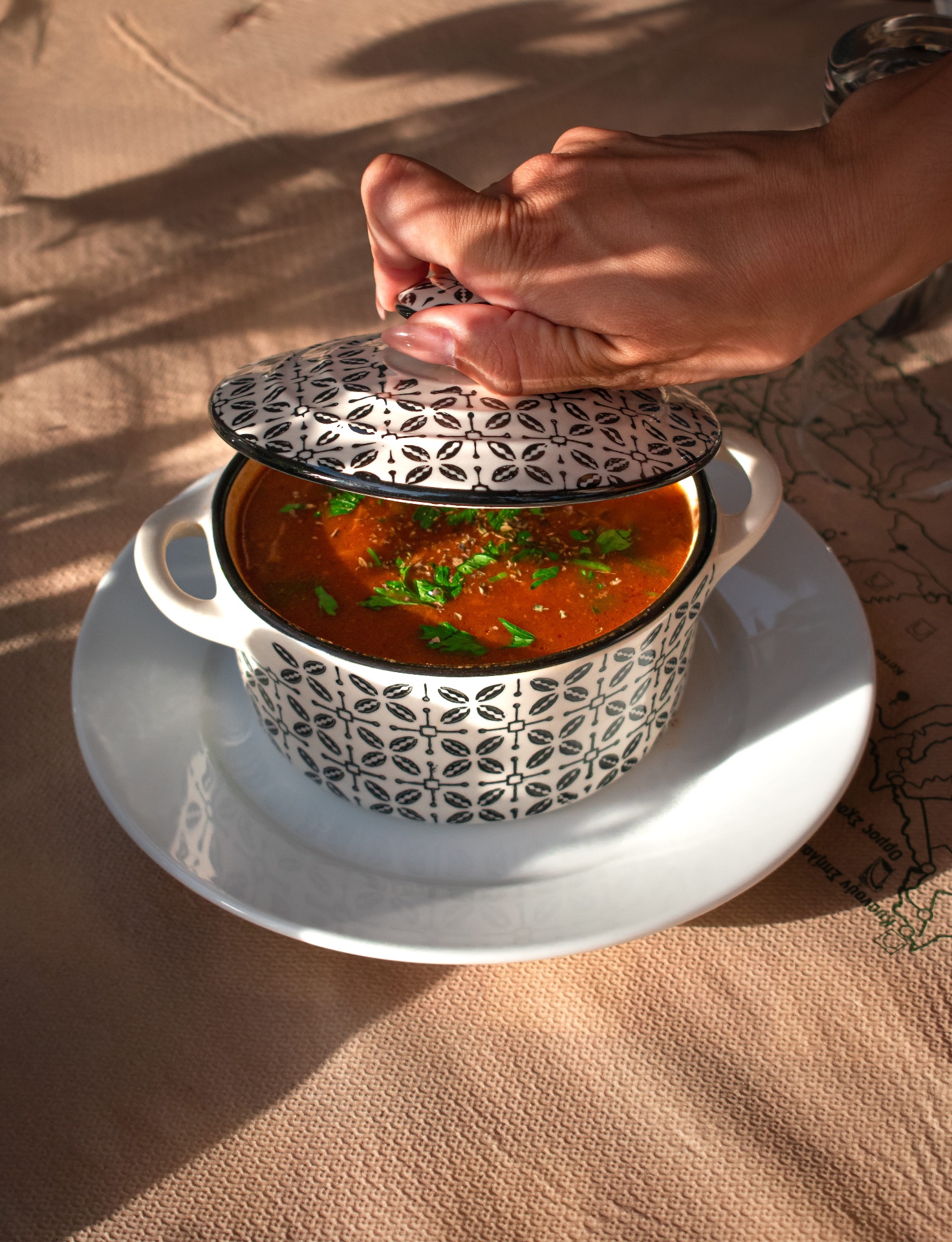 Tomato soup in a hand-patterned tureen